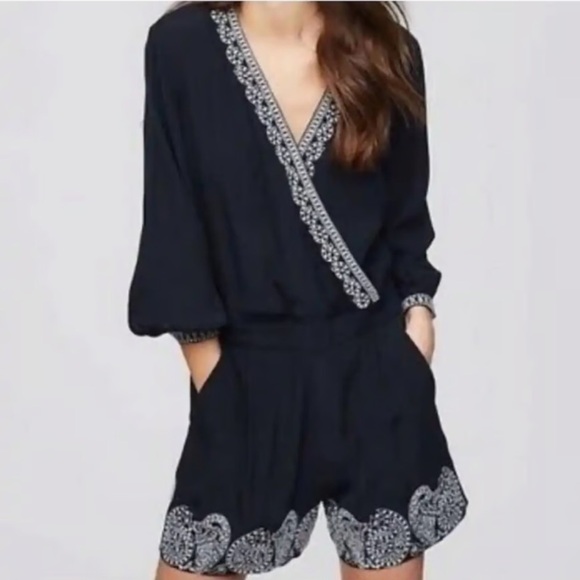 LOFT Pants - Loft Black Jumper Romper White embroidery pockets comfy floral boho vacation S